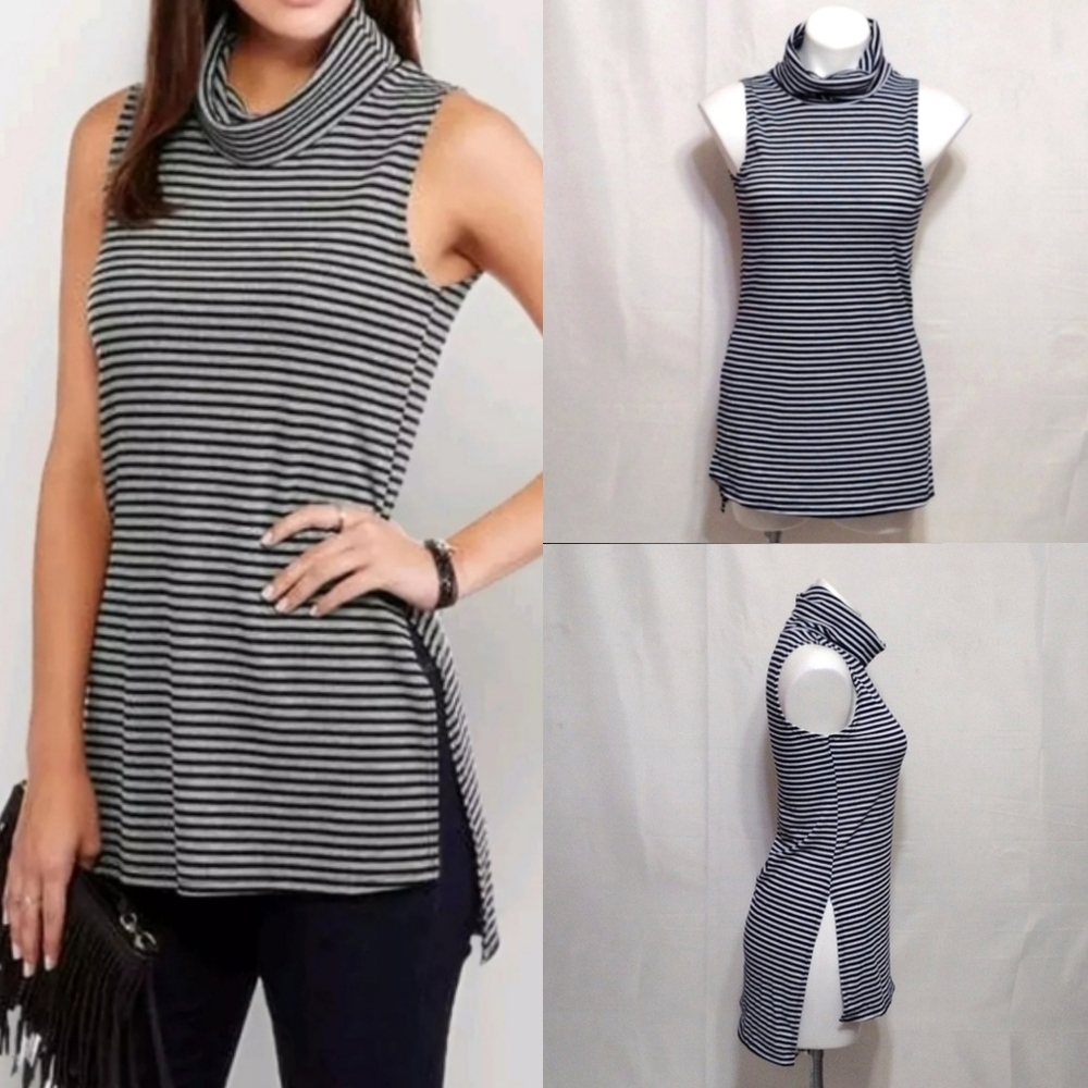 NWT Norma Allen Minimalist Ribbed Mock Neck Pinstripe Tunic Top Side Slit Medium
